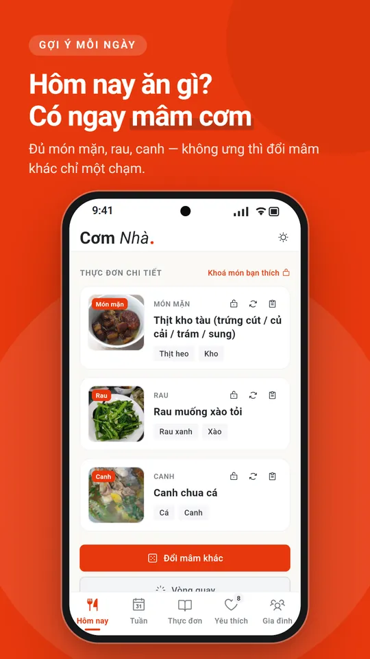 Màn Hôm nay: mâm cơm gợi ý gồm món mặn, rau, canh và nút Đổi mâm khác